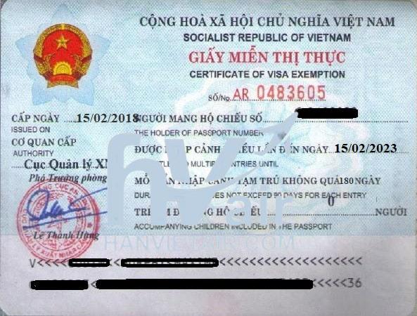 Mẫu Giấy miễn thị thực cấp tại Việt Nam